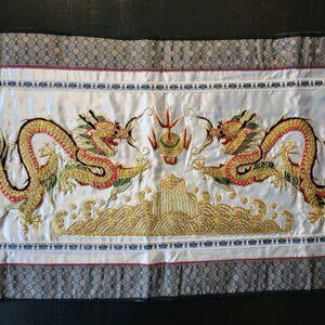Embroidered Chinese Dragon Panel Mixed Fabric Metallic Gold Thread VTG Textile